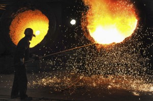 A labourer works at the Maanshan steel and iron factory in Hefei