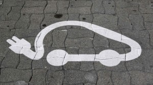 The pictogram of an electric car is painted on a parking space in Strasbourg